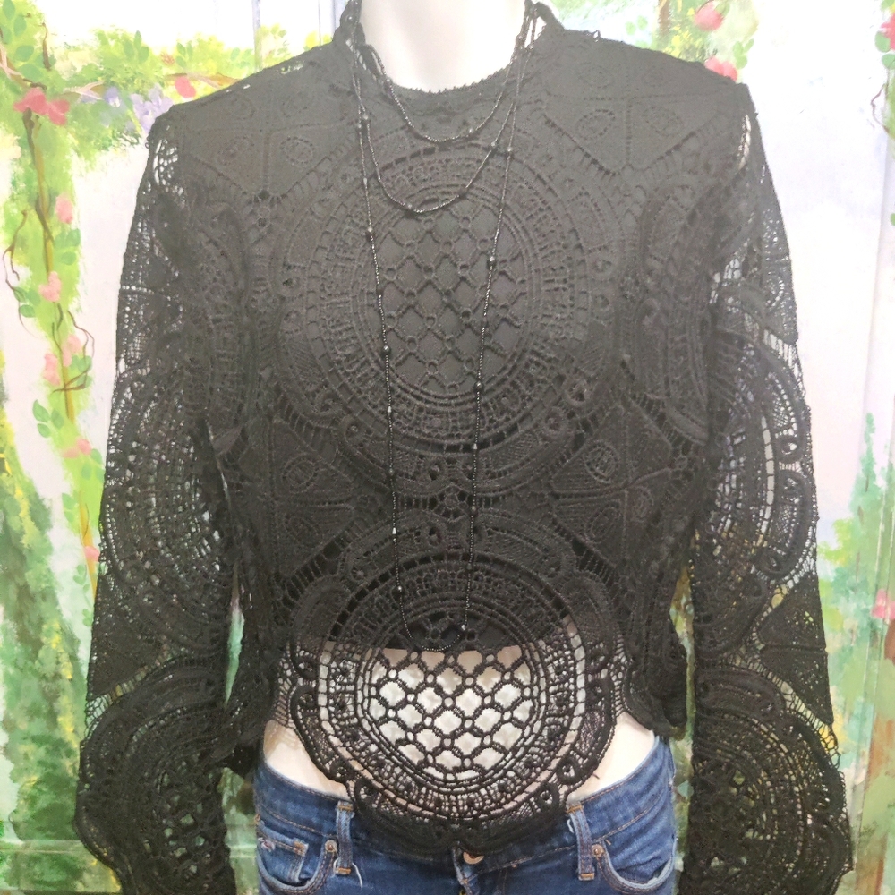 Black crochet, bell sleeve blouse